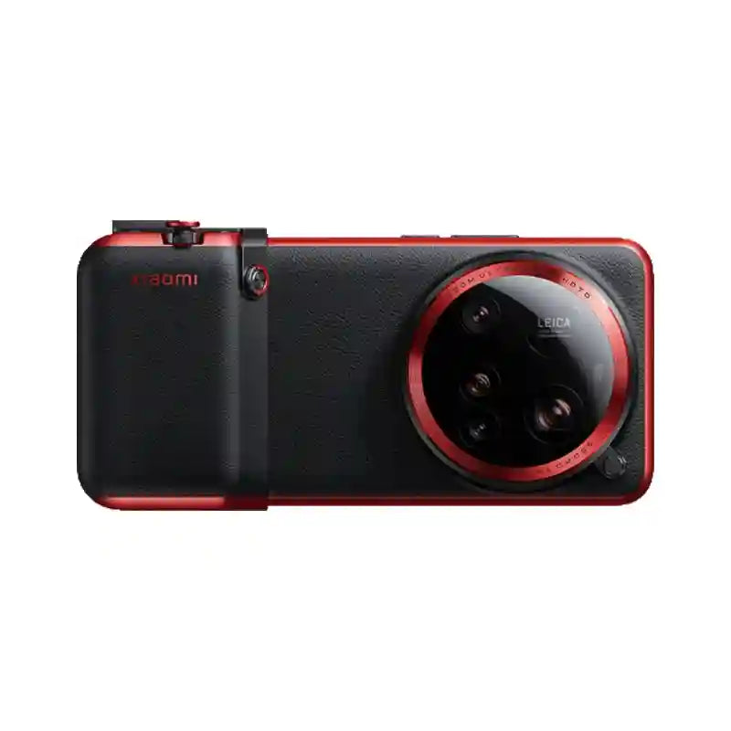 Black and red leather smartphone photography kit with a large circular lens housing, designed for camera-like handling.