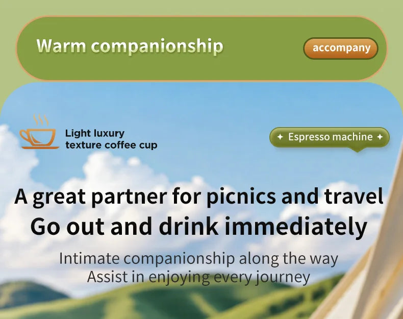 Portable light luxury espresso machine for travel and picnics, featuring a compact, travel-friendly design.