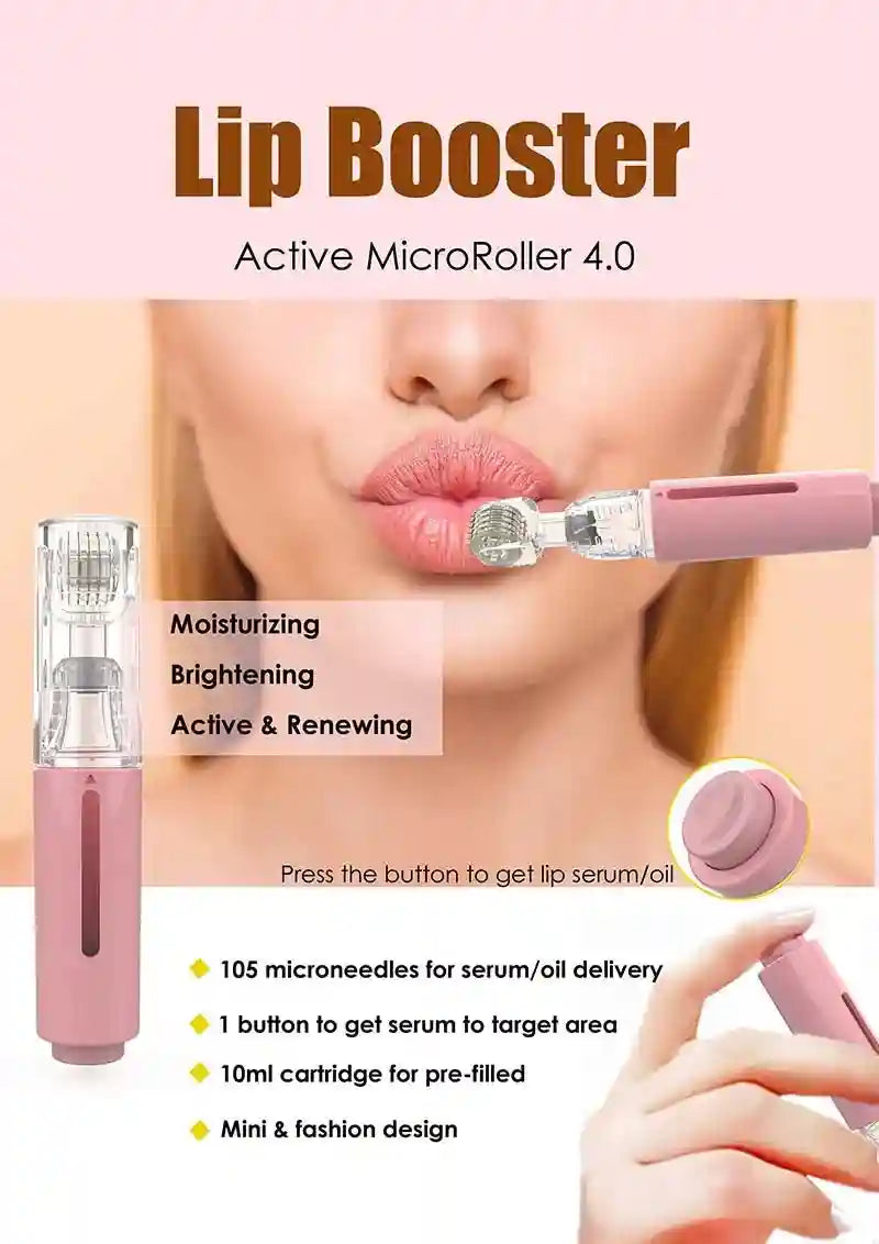 Pink, compact lip micro-roller with 105 titanium needles and a serum applicator button, shown in use on lips.