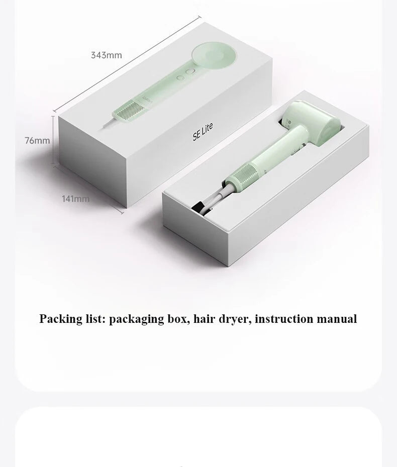 Lightweight 345g high-speed sage green hair dryer in gift box with quick-dry technology and ergonomic, quiet design.