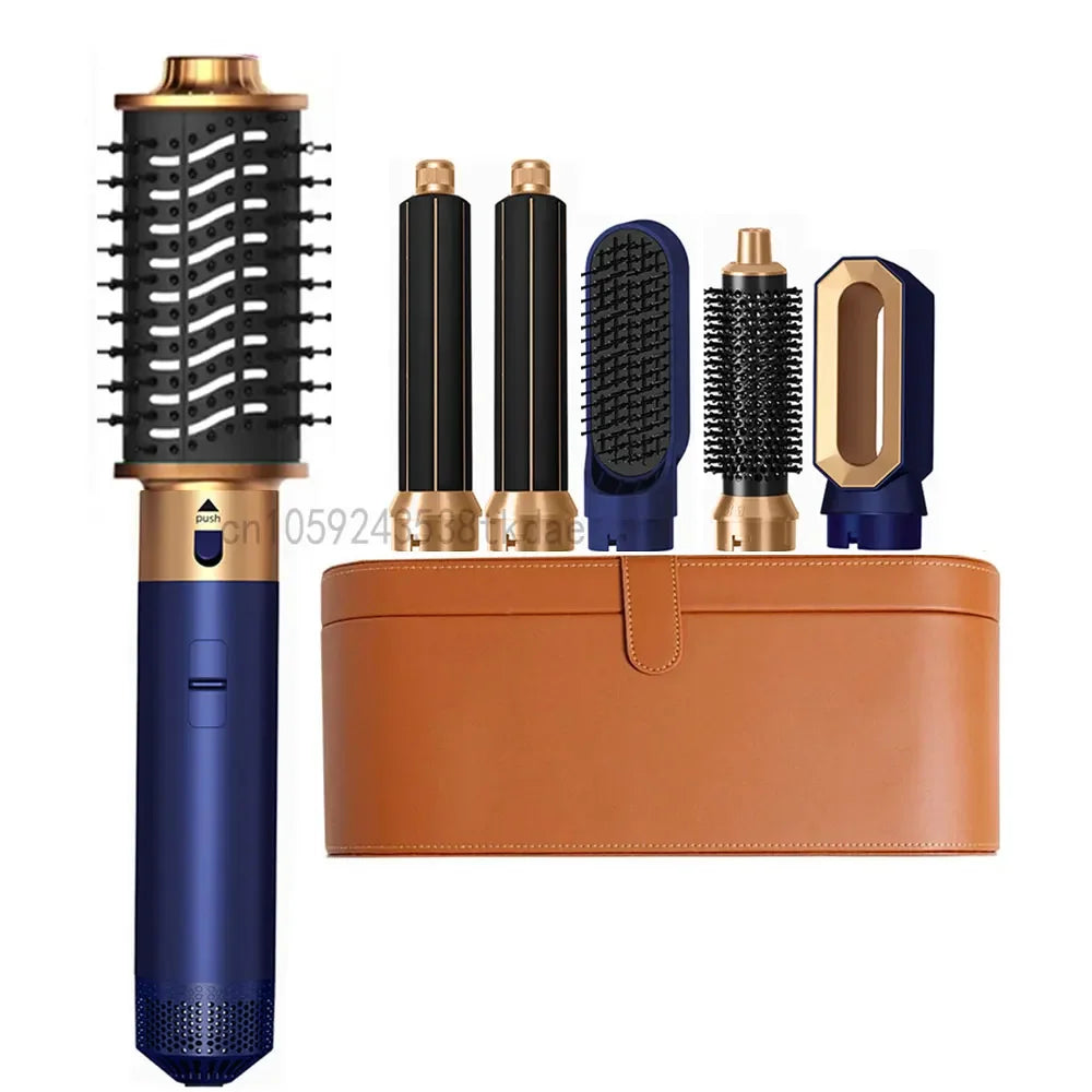 6-in-1 navy and gold hair dryer brush set with curling wands, styling attachments, and professional storage case.
