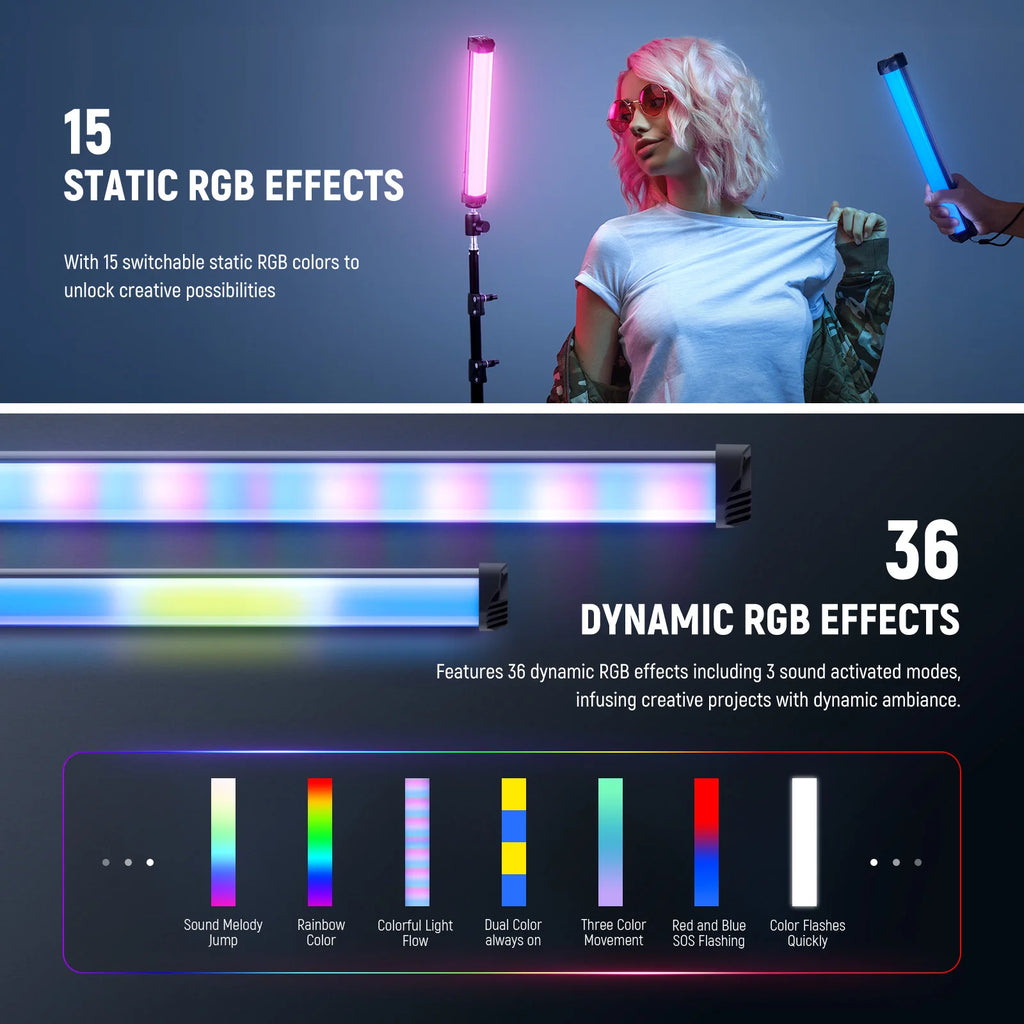 Handheld RGB LED light wand with multiple static and dynamic color modes for photography and creative lighting.