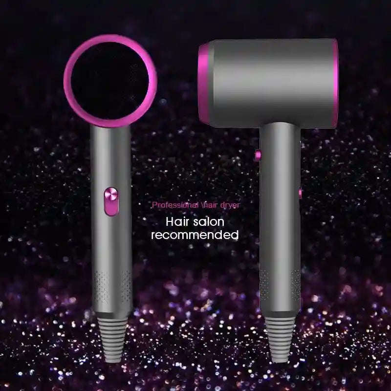 Professional 1000W ionic hair dryer in grey and pink. Fast-drying, low-noise portable blow dryer with sleek design.