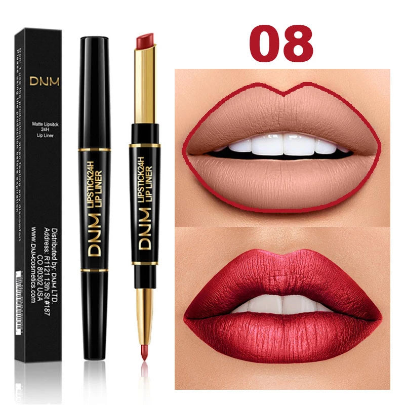 DNM 2-in-1 waterproof matte lipstick and lip liner pencil in shade 08, showing nude and red velvet lip makeup swatches.