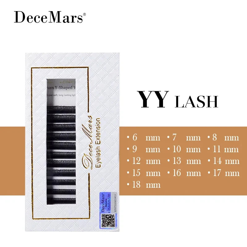 DeceMars black YY-shaped individual eyelash extensions in a white box, featuring length options from 6mm to 18mm.