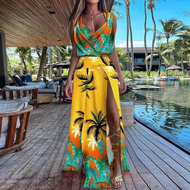 New Sexy Sets Women Summer Beach Style Printed Hollow Out Party Dress Outfit Deep V-Neck Bra Split Dress 2PCS Suits Dropshipping