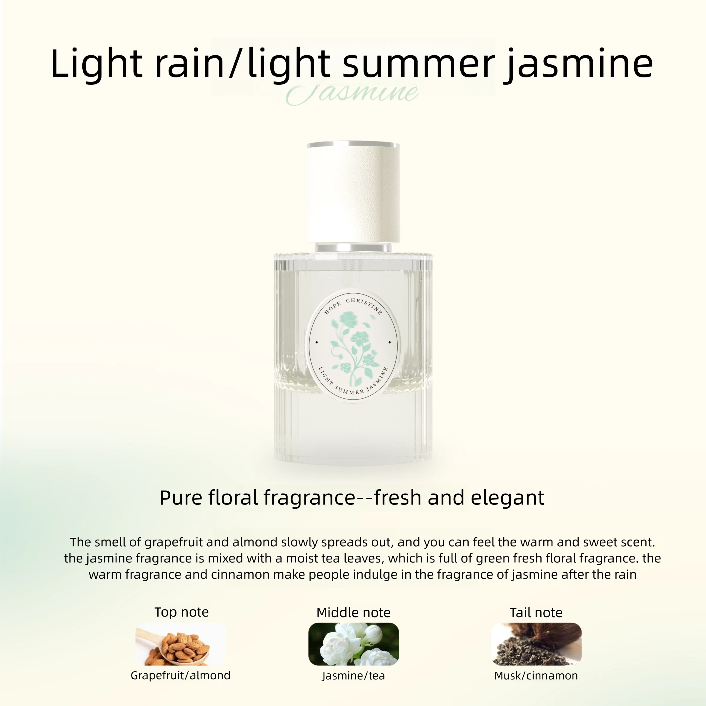 Hope Christine Light Summer Jasmine 50ml perfume for women. Floral scent with jasmine, almond, musk in a glass bottle.