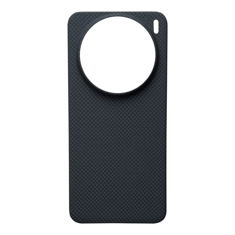 Black carbon fiber smartphone case with a large circular camera cutout and a small slot for the flash.