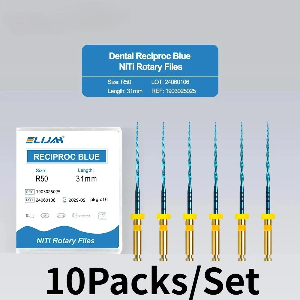 10 packs of blue NiTi rotary endodontic files with gold handles for dental root canal reciprocating procedures.