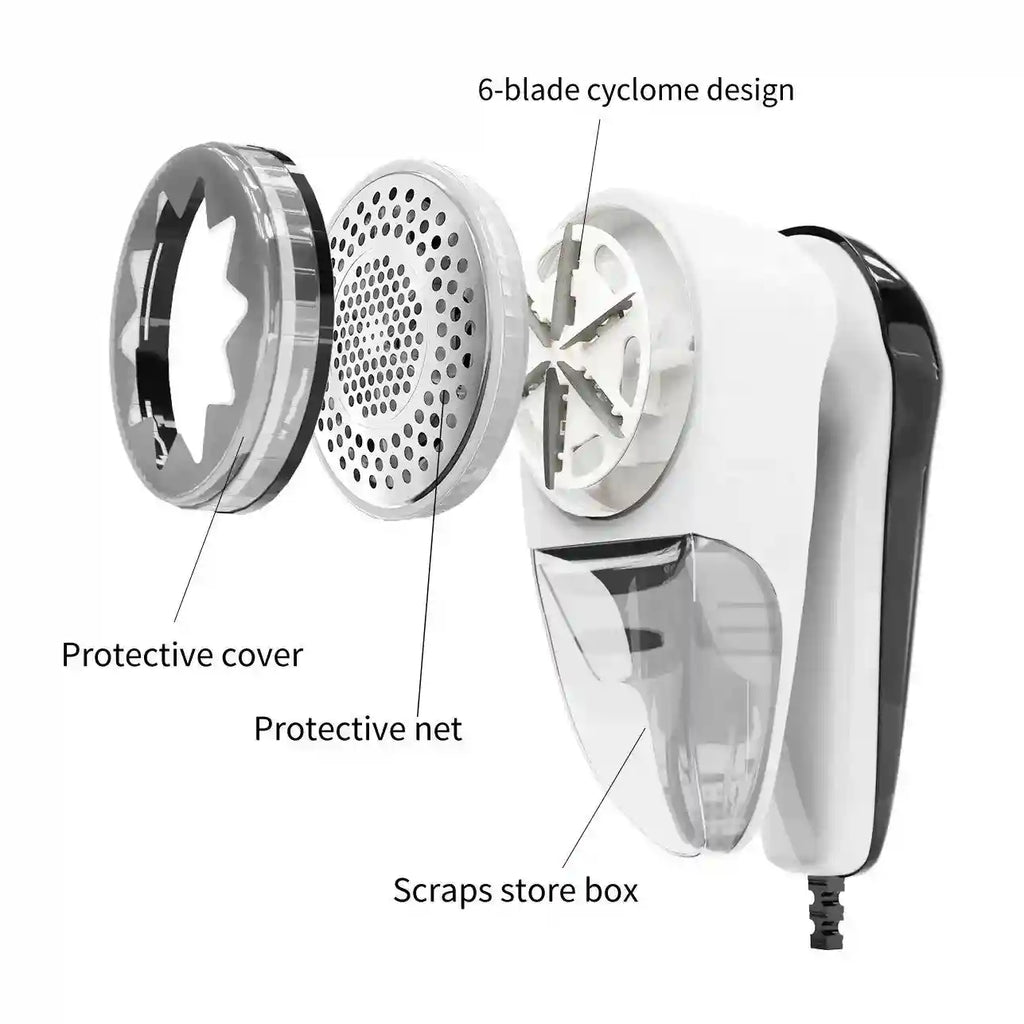 Tidesmit portable electric lint remover for clothes, sweaters, and carpets, showing side view and blade mechanism.