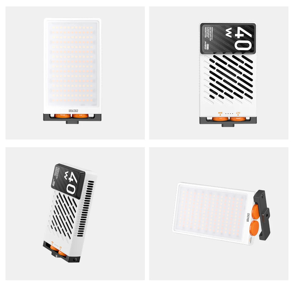 Rectangular 40W LED fill light with a white casing, black cooling vents, and orange adjustment dials for photography.