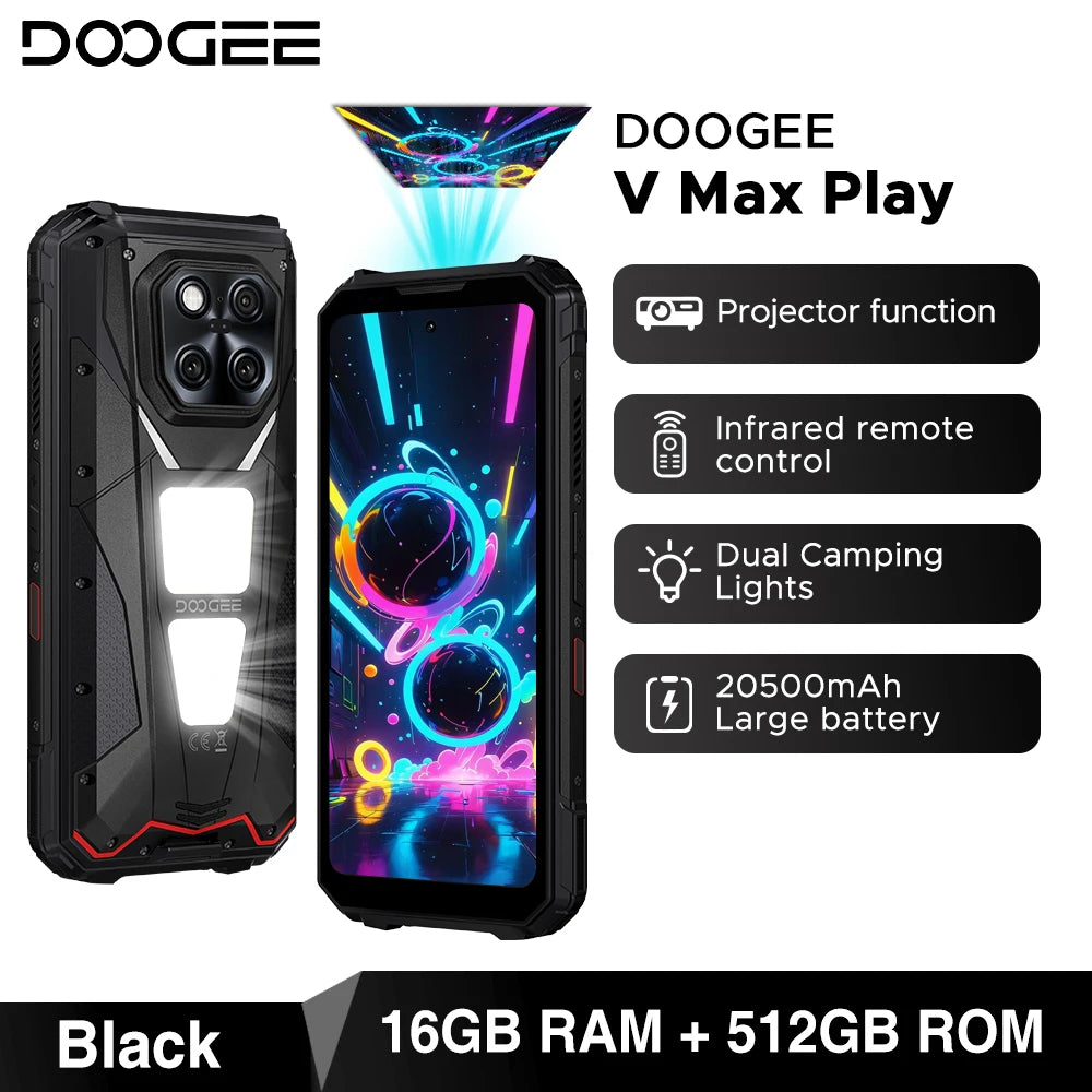 DOOGEE V Max Play black rugged phone, projector, 20500mAh battery, dual camping lights, front and back views.