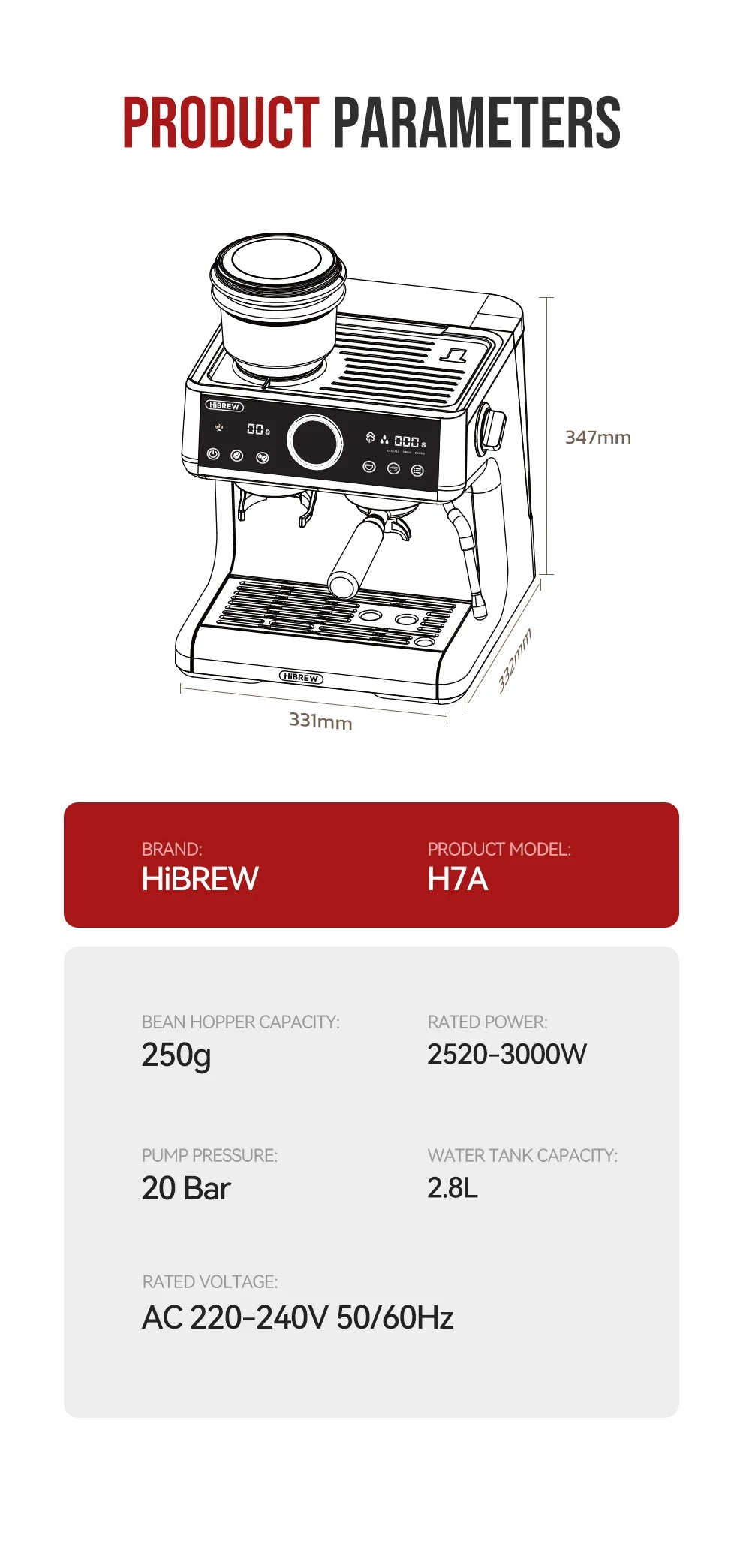 HiBREW H7A espresso machine technical diagram with 250g bean hopper, 2.8L tank, and 20 bar pressure specifications.