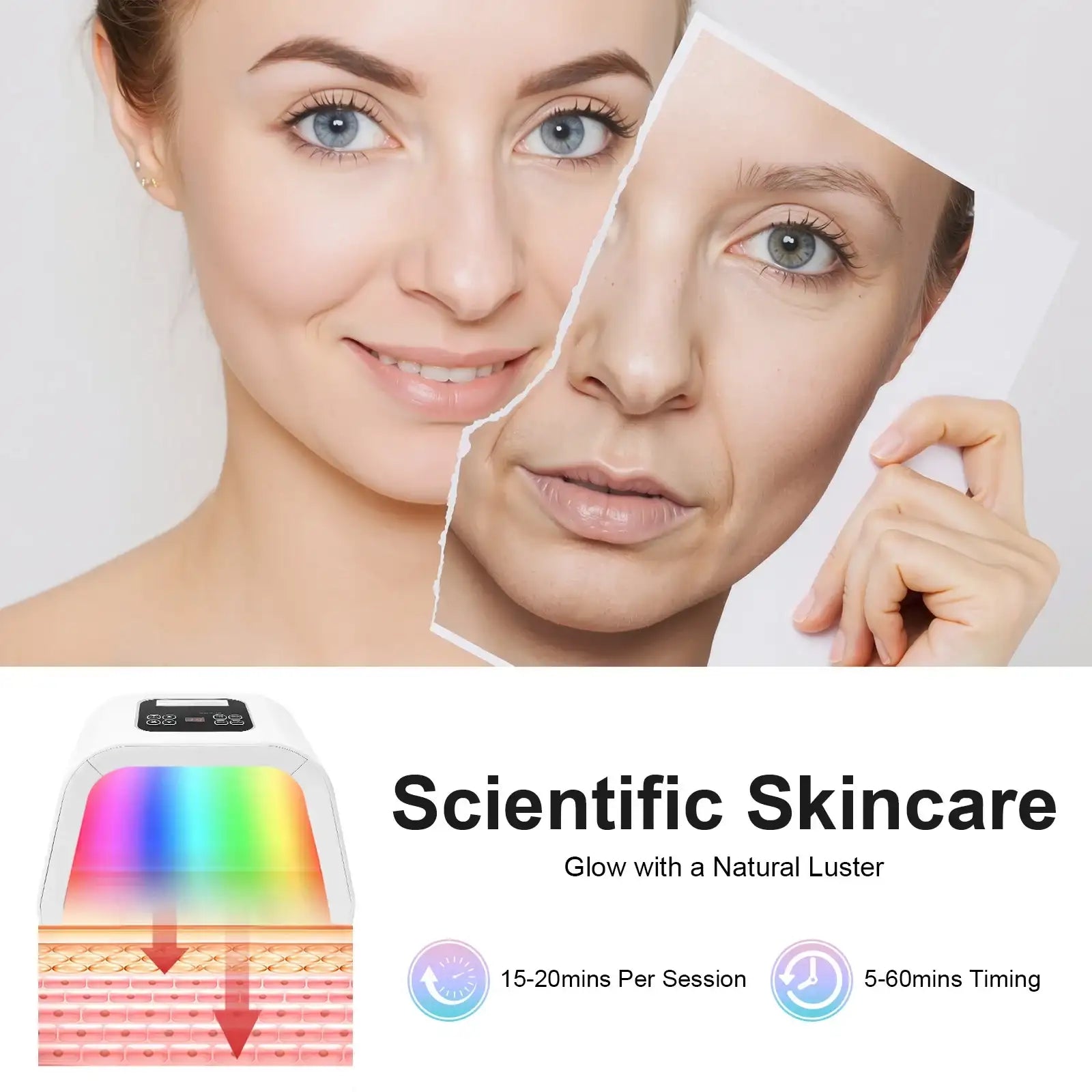 White arched LED light therapy device for facial skin rejuvenation with adjustable timer settings.