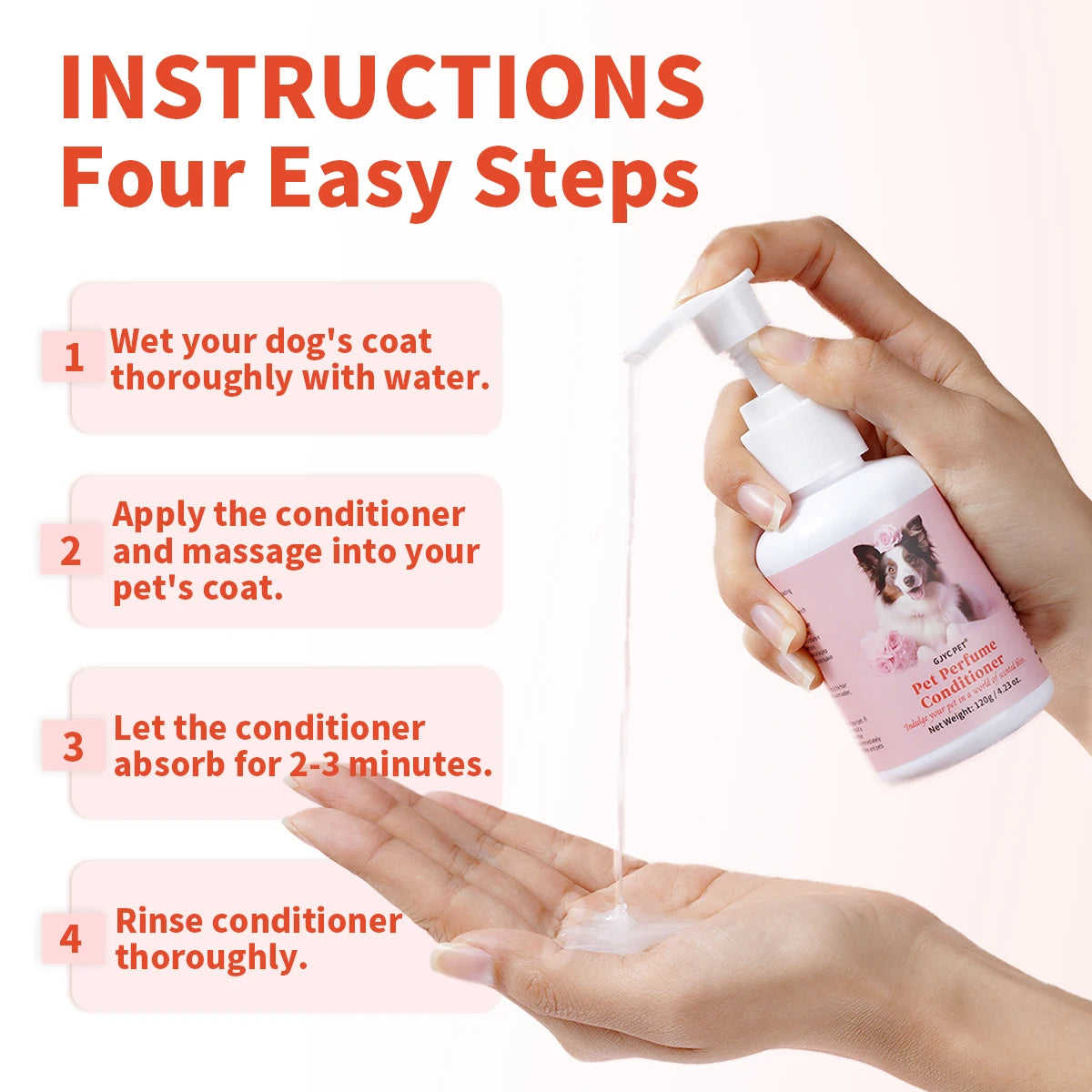 Natural dog and cat conditioner in pump bottle for soft, shiny coats. Hydrating detangling formula, 120g, fresh scent.