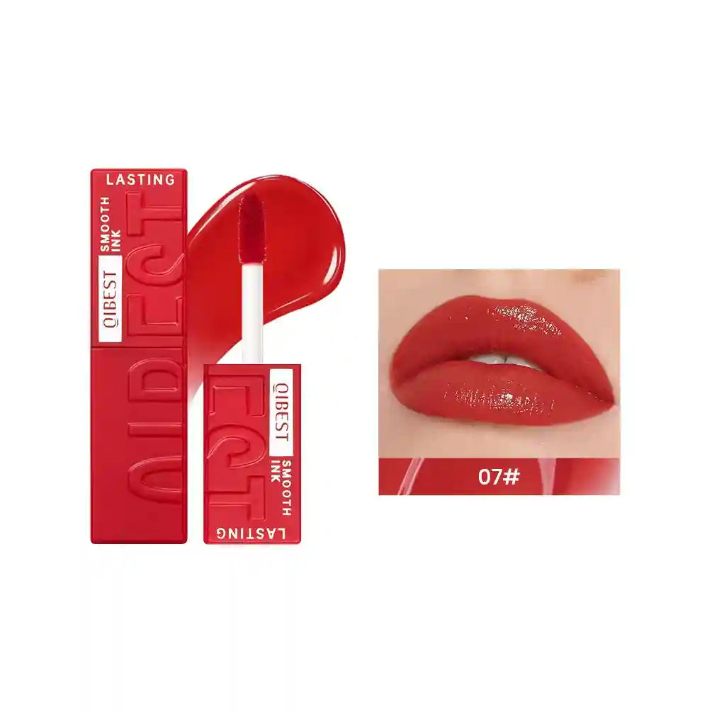 QIBEST red watery lip glaze, moisturizing mirror glossy liquid lipstick with a smooth, lasting tint finish.