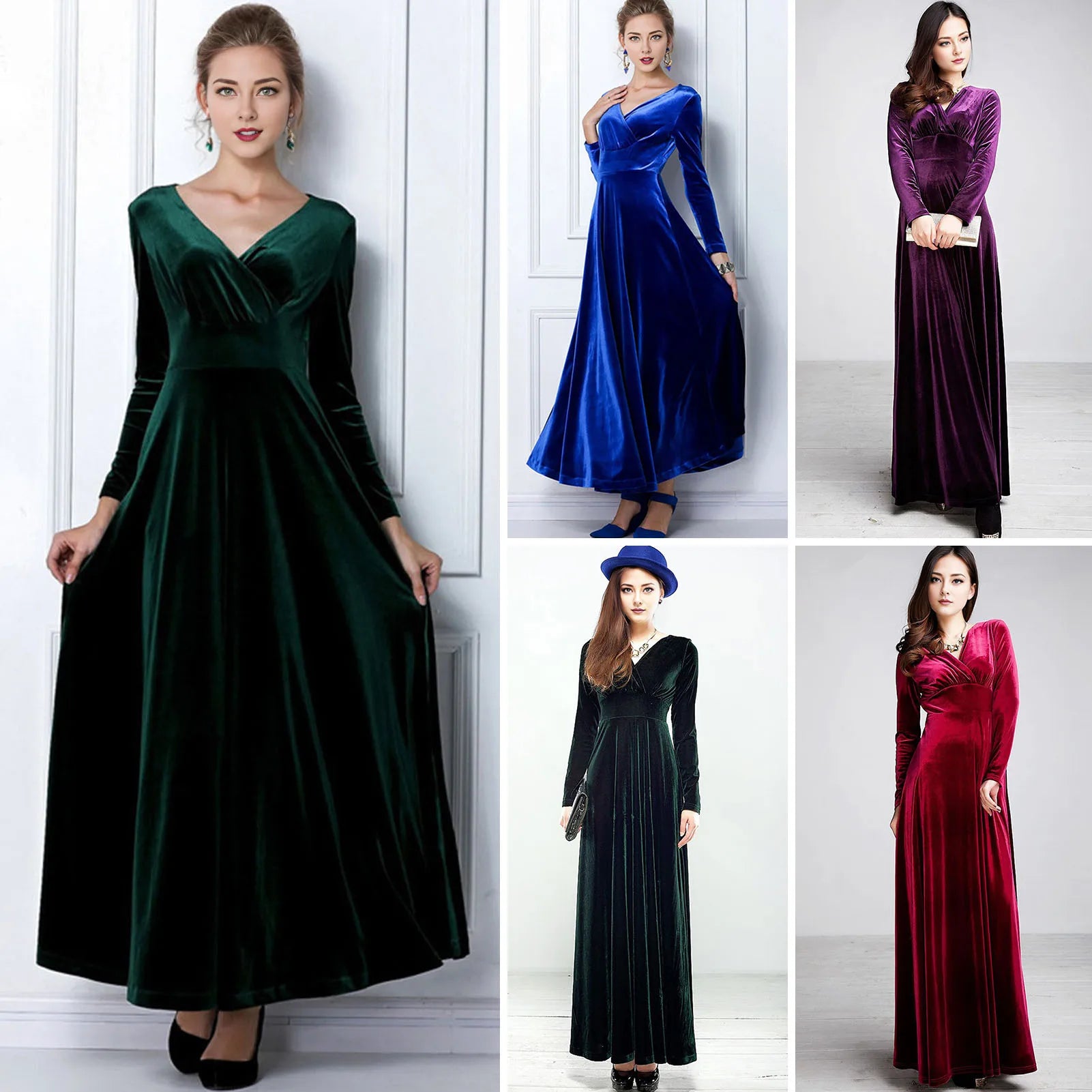 Vintage Women Autumn Long Sleeve V Neck Pleated Velvet Banquet Party Maxi Dress Party Wedding Elegant Evening dress 