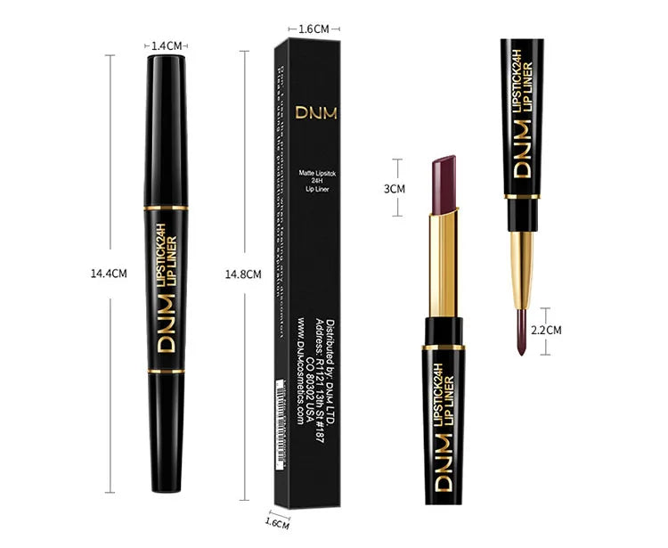 DNM 2-in-1 waterproof matte lipstick and lip liner pencil in dark plum with slim black packaging and dimensions.