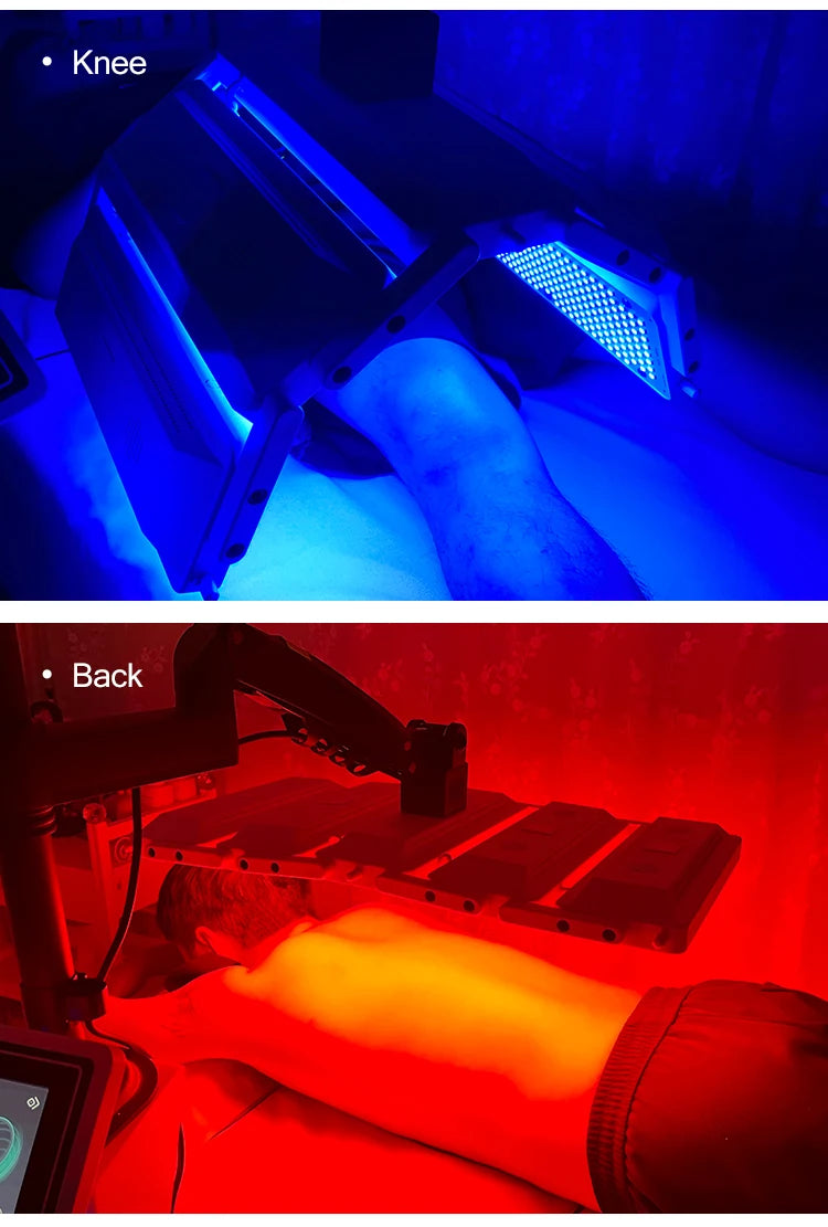7-color LED therapy machine performing blue light knee treatment and red light back anti-aging body skin therapy.
