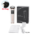 Rose gold handheld HIFU and RF beauty device with screen, power adapter, EU plug, and user manual in its box.
