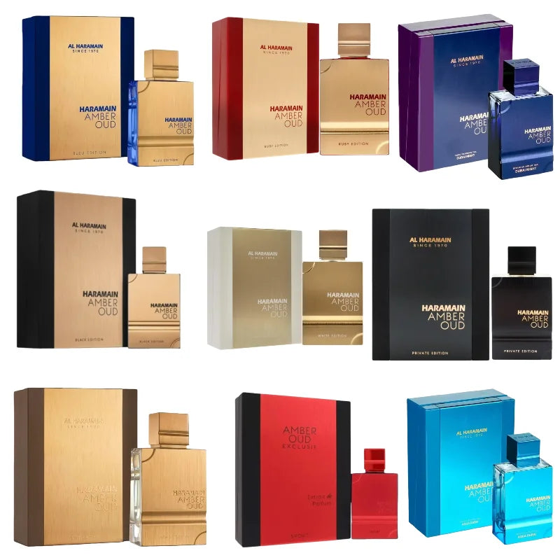 Al Haramain Amber Oud unisex perfume collection: 60ml oriental floral oud EDPs in iconic rectangular glass bottles.