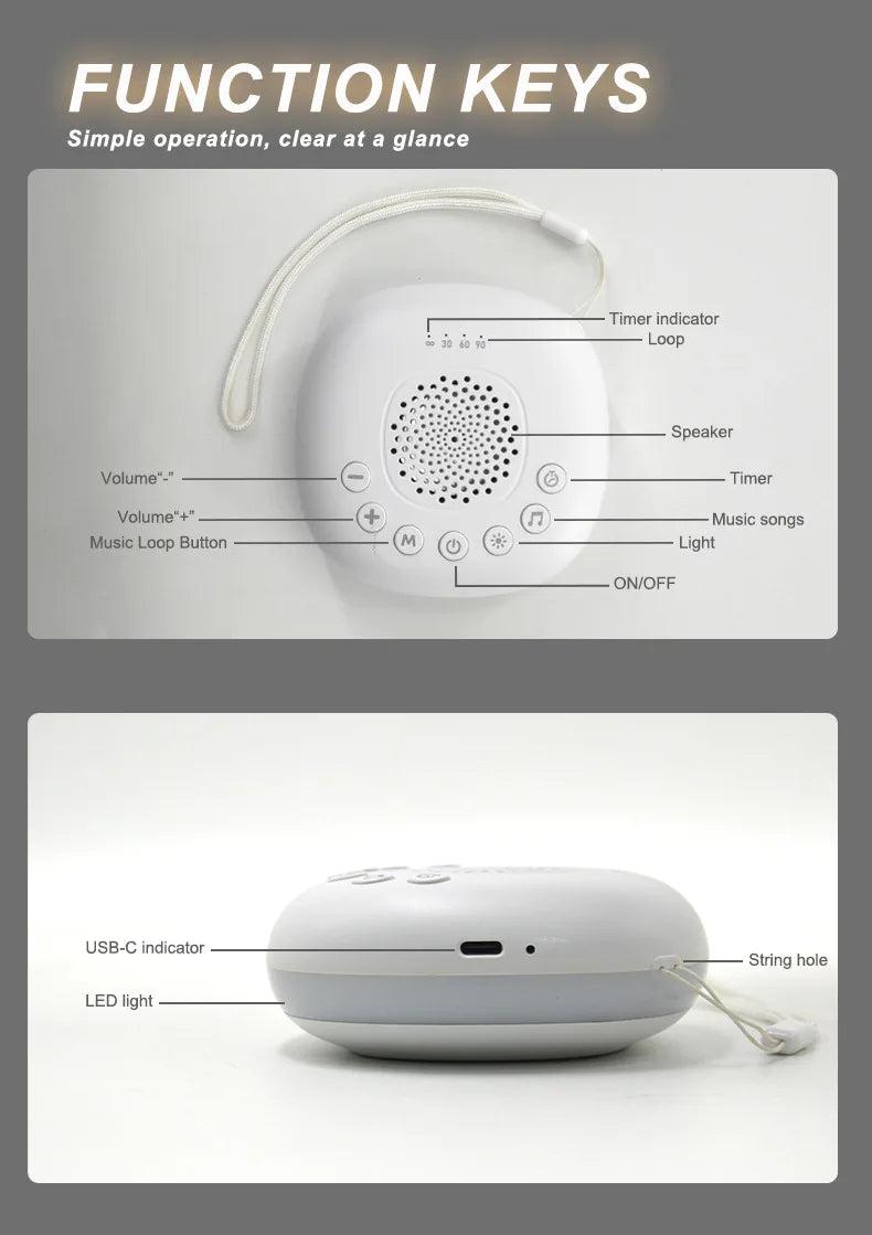 6/10/20Songs White Noise Sound Machine Portable Baby SleepMachine Soothing Sounds Volume Adjustable Builtin Rechargeable Battery