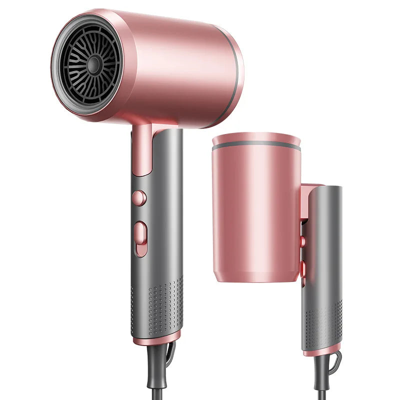 Rose gold 2400W foldable hair dryer with silent motor, heat settings, and nozzle attachment for professional styling.