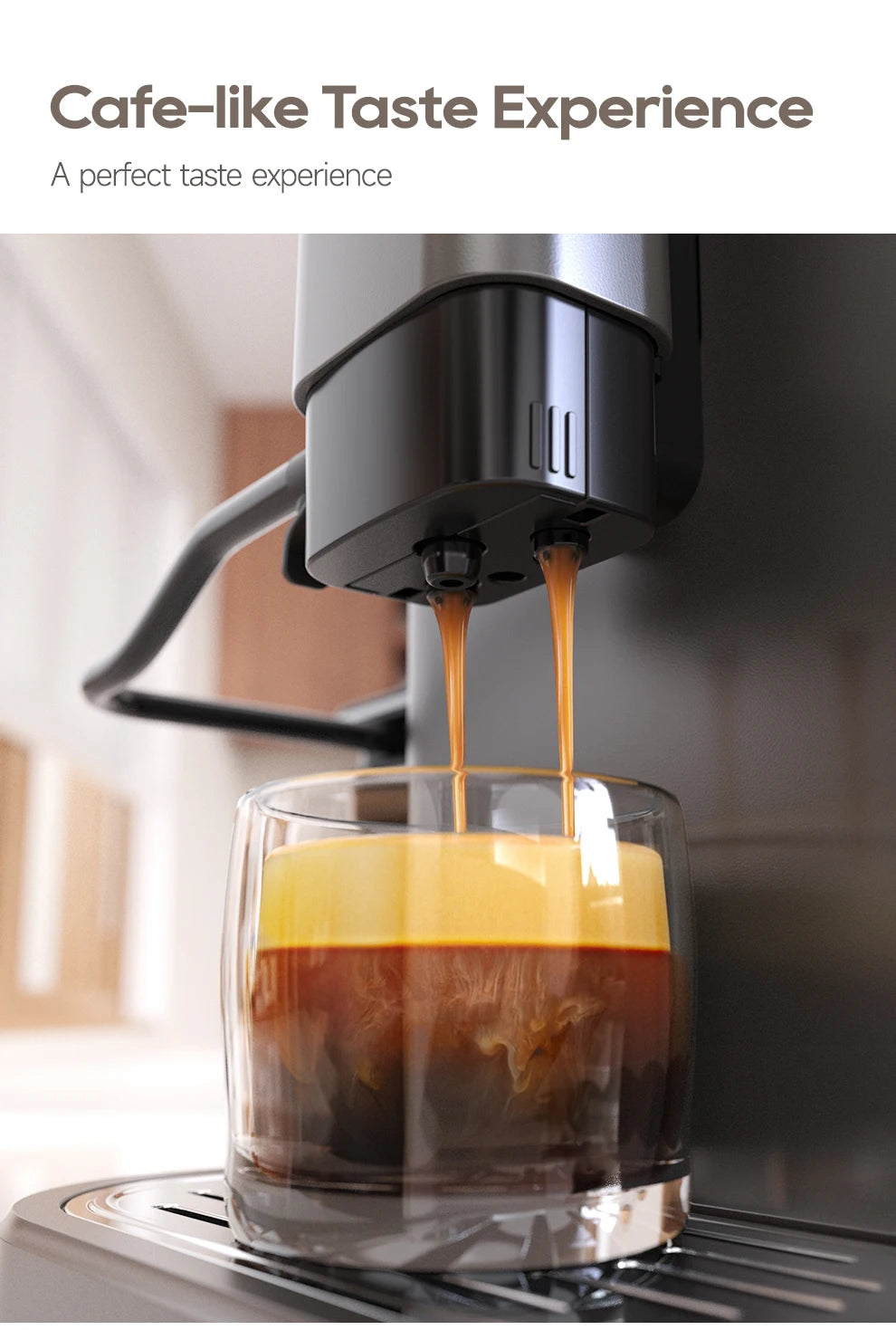 Black espresso coffee machine pouring fresh coffee into a glass cup for a cafe-like experience.