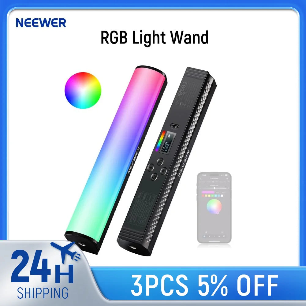 Handheld RGB LED light wand with black casing, control buttons, LCD screen, and phone app connectivity for photography.