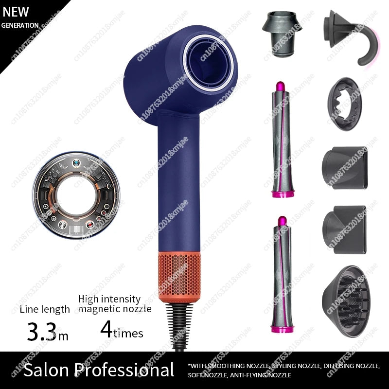 Blue leafless negative ion hair dryer with professional styling attachments, magnetic nozzles, and long power cord.