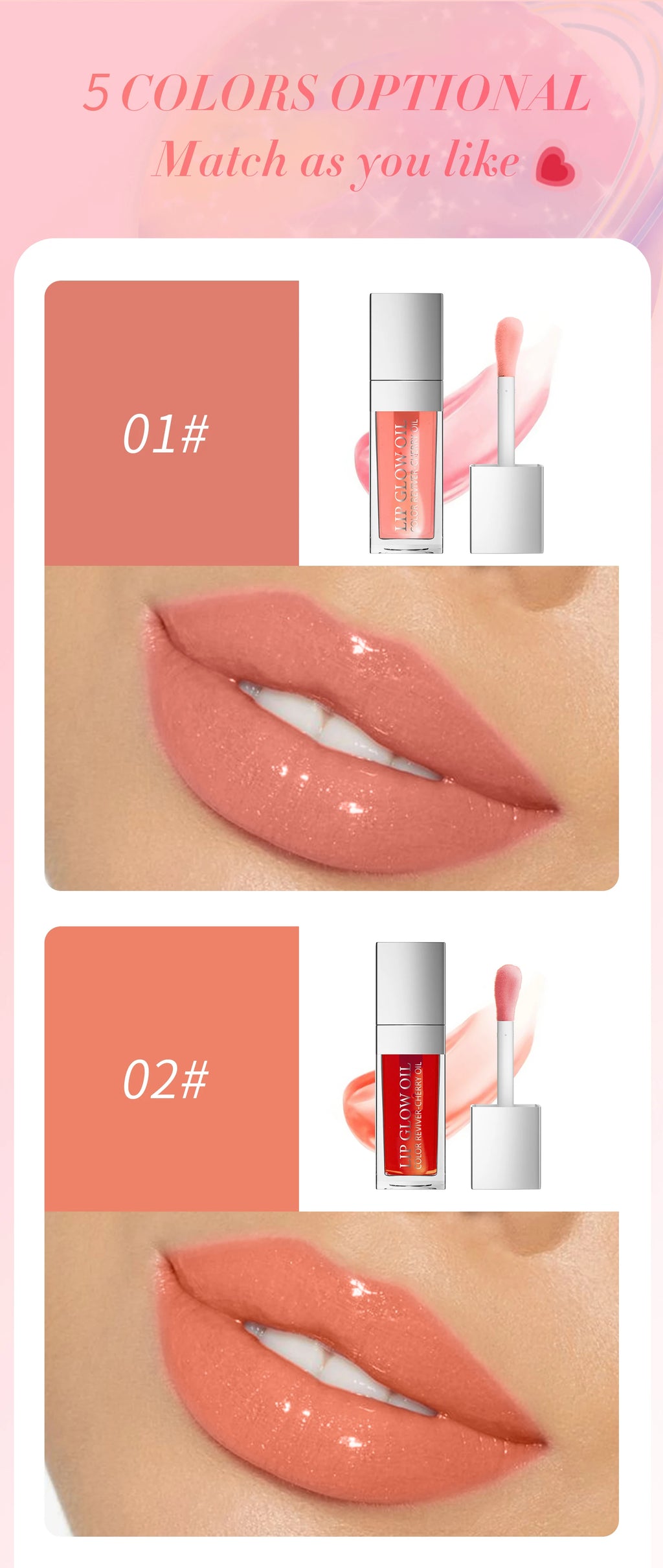 Crystal jelly moisturizing lip oil with plumping glossy finish in two natural peach and coral tinted shades.