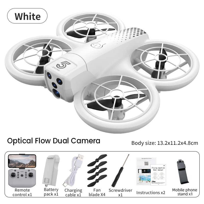 White quadcopter drone with dual cameras, enclosed propeller guards, and remote control accessories.