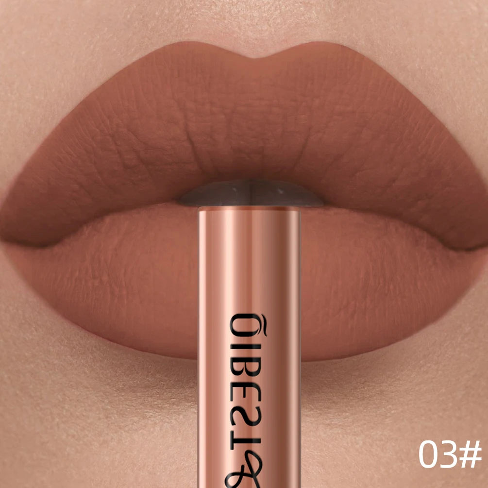 Matte liquid lipstick in a long-lasting, waterproof nude shade with a smooth velvet finish on lips.
