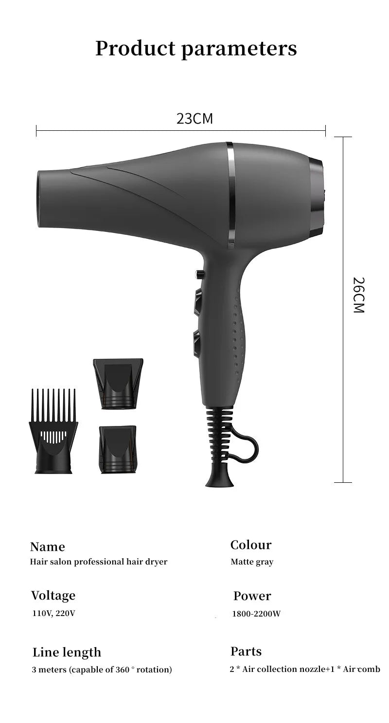 Matte gray 2400W professional hair dryer with 2 nozzles and comb attachment for salon-quality, quick-dry hair styling.
