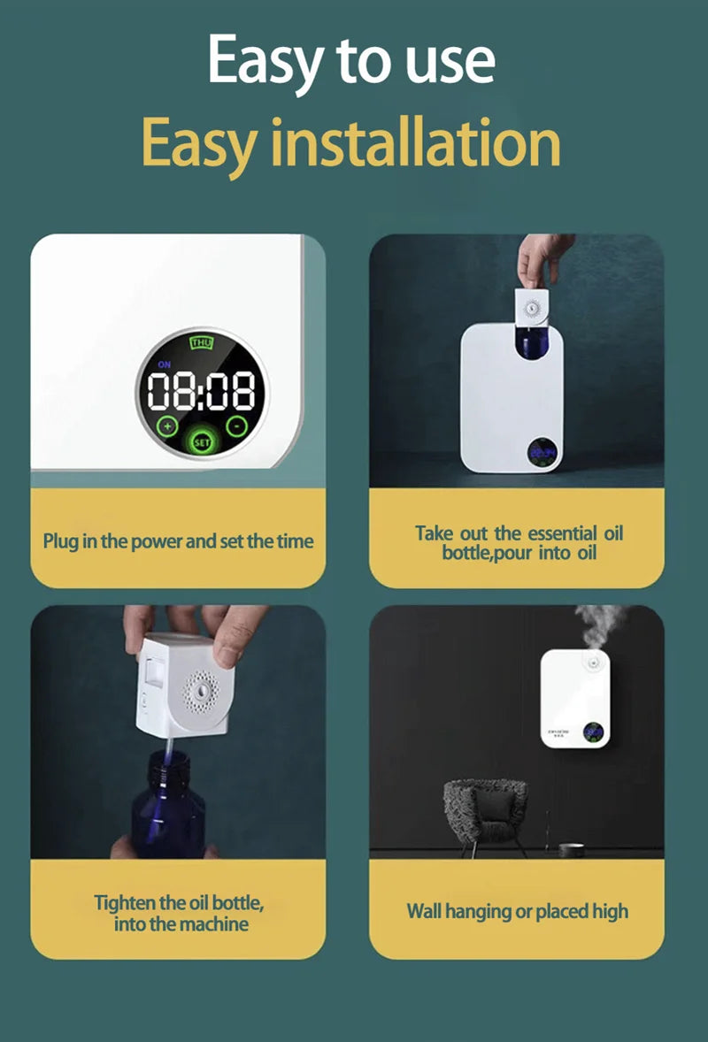 Smart 12V Waterless Aroma Diffuser Touch Screen Scent Machine Timer Automatic Wall Mounted Essential Oil Nebulizer for Home