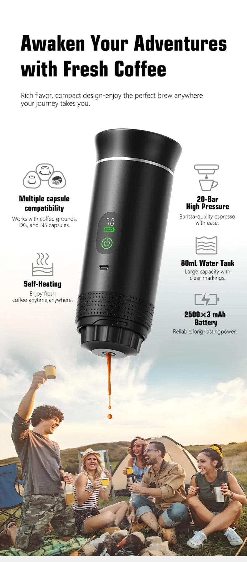 Portable black 20-bar espresso maker with 80ml water tank, battery-powered, and capsule-compatible for camping.