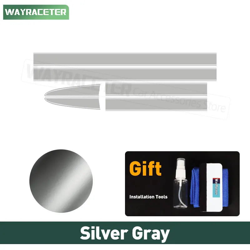 Silver gray vinyl racing stripes for Fiat cars with a matte finish, shown as decal strips with included install tools.