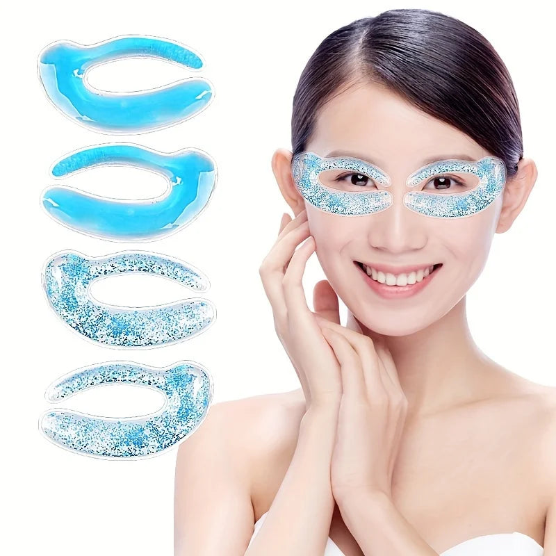 Woman wearing blue glitter gel eye patches, with two additional pairs shown to the left against a white background.