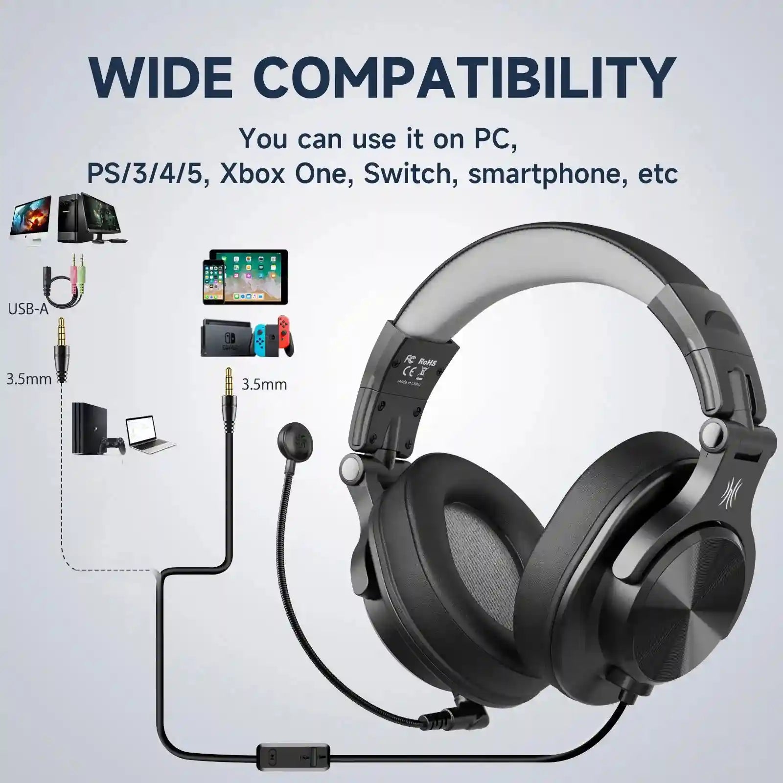 Wired Gaming Headset - Over-Ear with Detachable Mic, Black-Gray Tidesmit