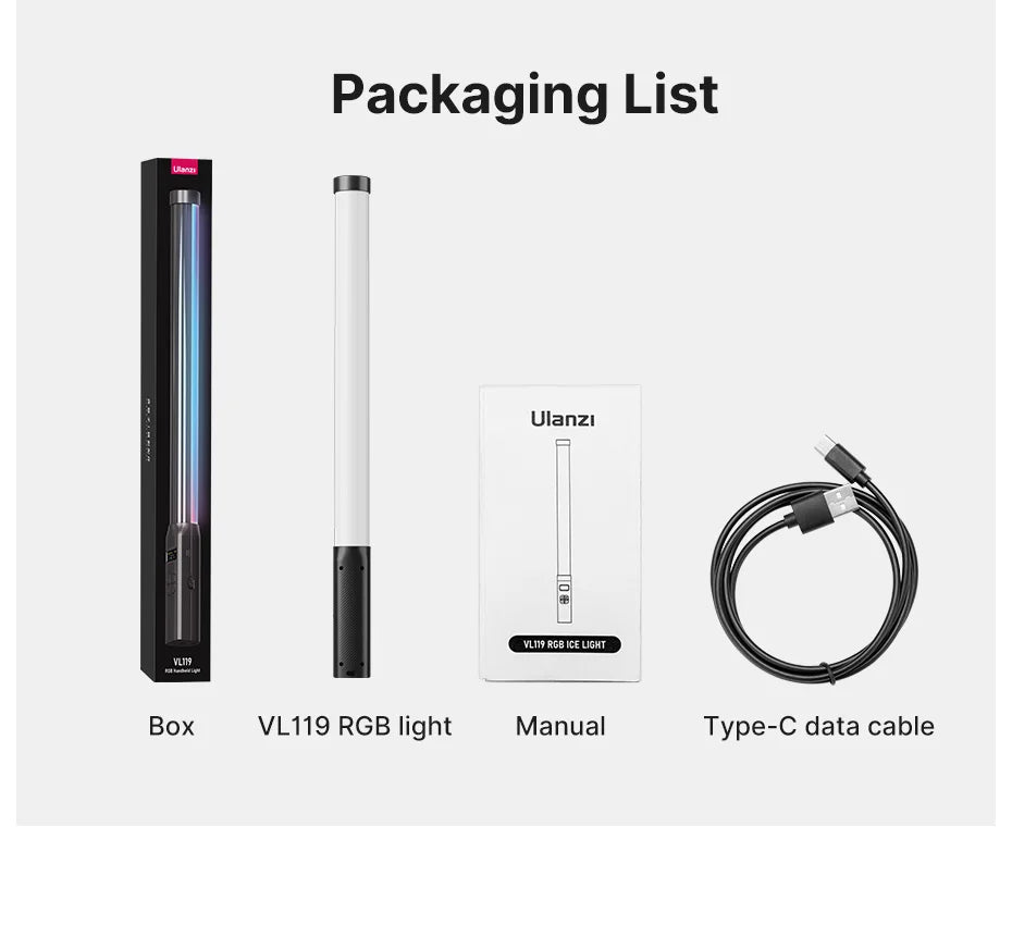 VL119 RGB handheld light kit includes a slim white LED wand, black box, instruction manual, and USB-C cable.