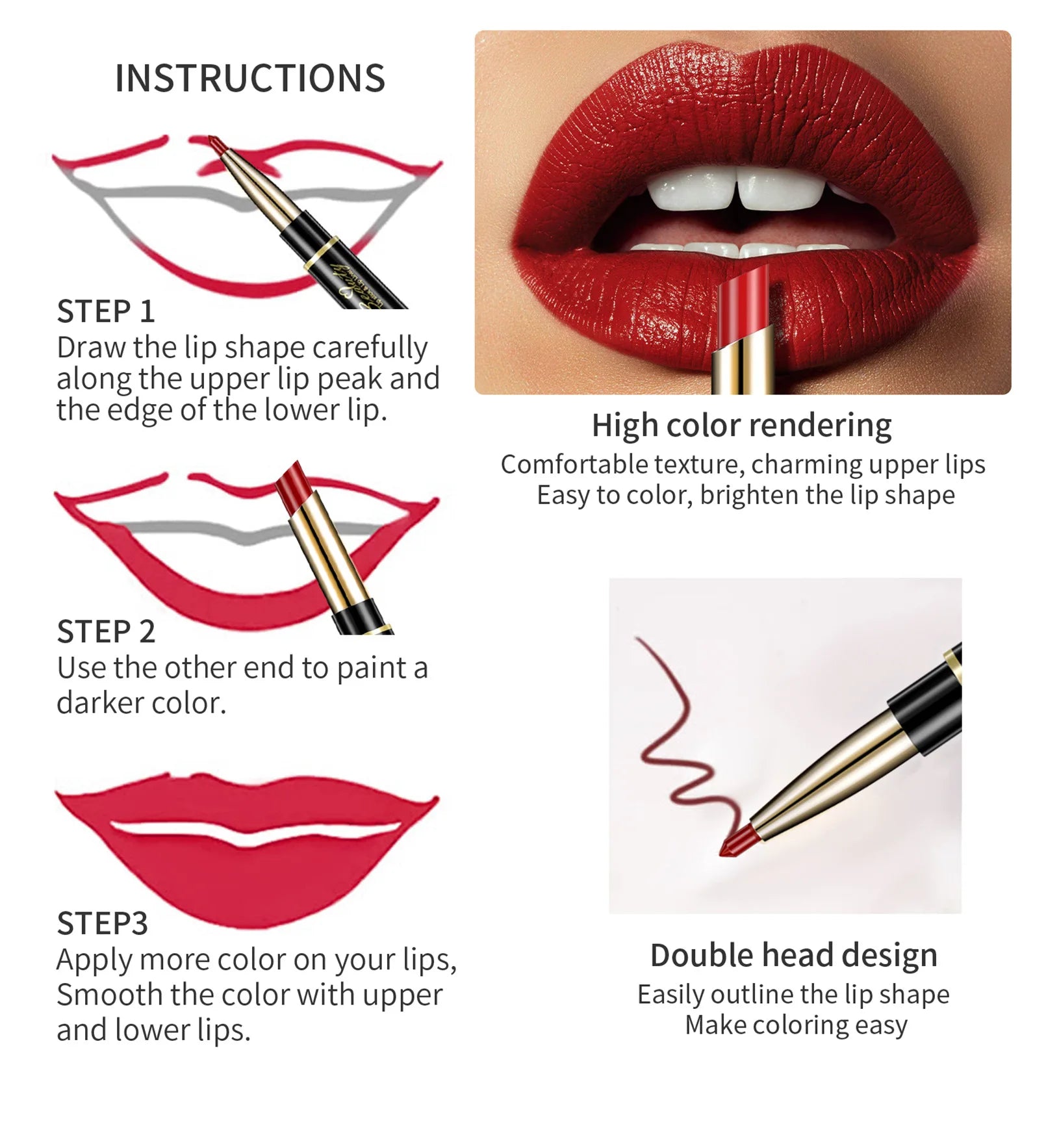 2-in-1 waterproof matte red lipstick and lip liner pencil with a double-ended design for long-lasting lip makeup.