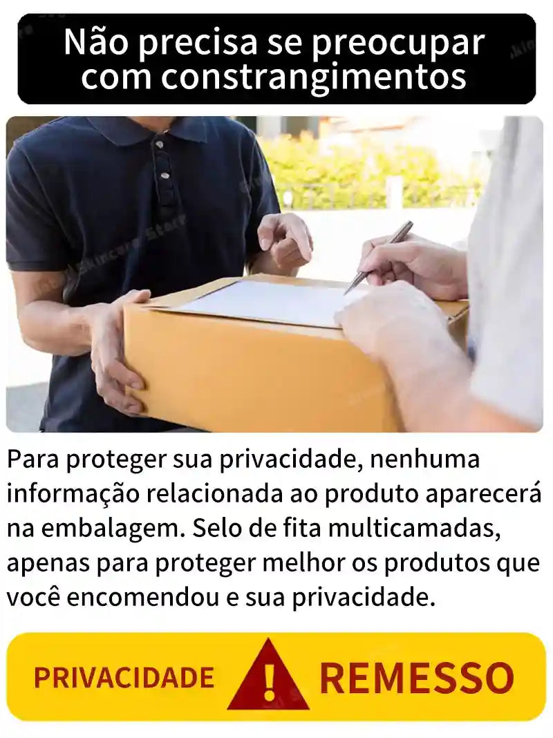 A delivery person hands a brown cardboard box to a customer, emphasizing discreet, private shipping of the product.