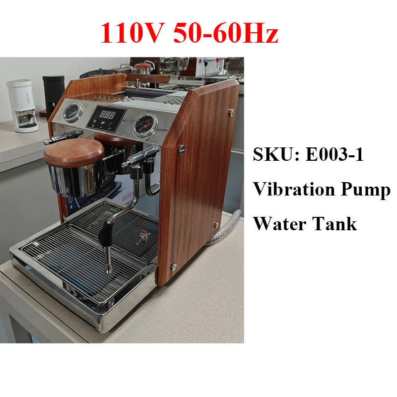 E003-1 professional espresso machine with stainless steel finish and wood side panels, featuring a vibration pump.