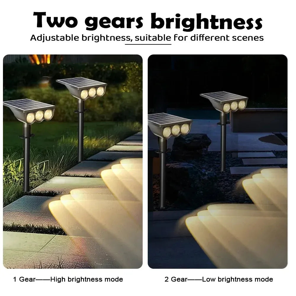 Black LED solar garden spotlights with top solar panels lighting a walkway in two brightness modes.