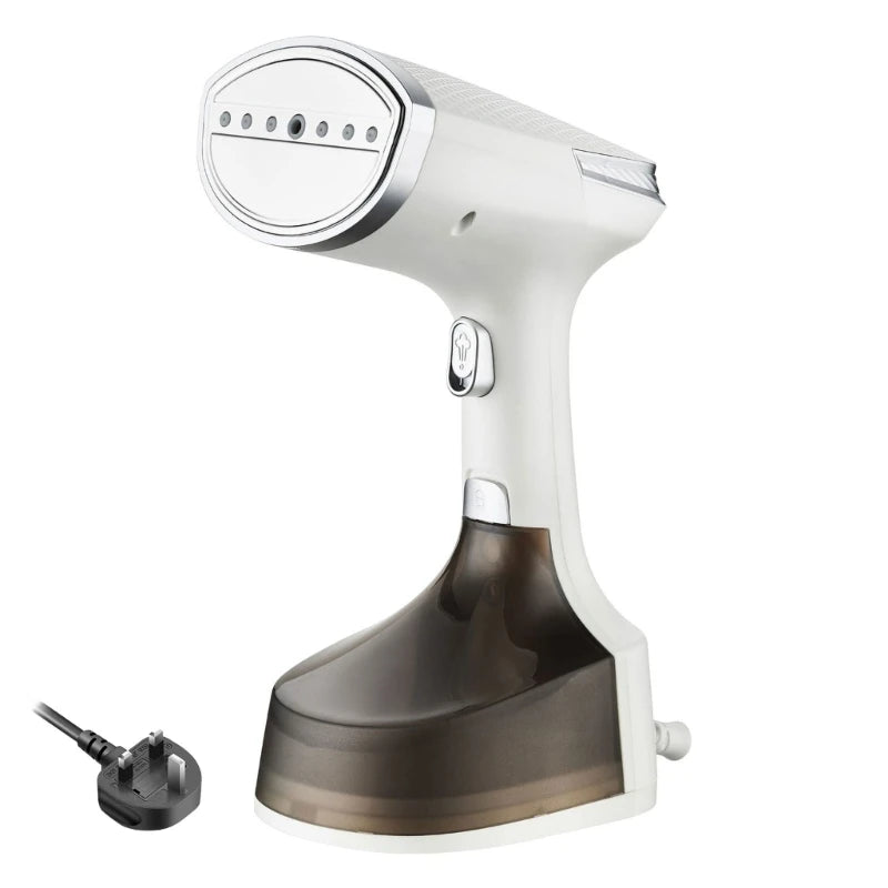 Handheld garment steamer, white with steam nozzle, base tank, and EU power plug