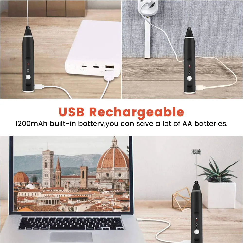 Black handheld USB rechargeable electric milk frother for coffee with 1200mAh battery charging via cable.