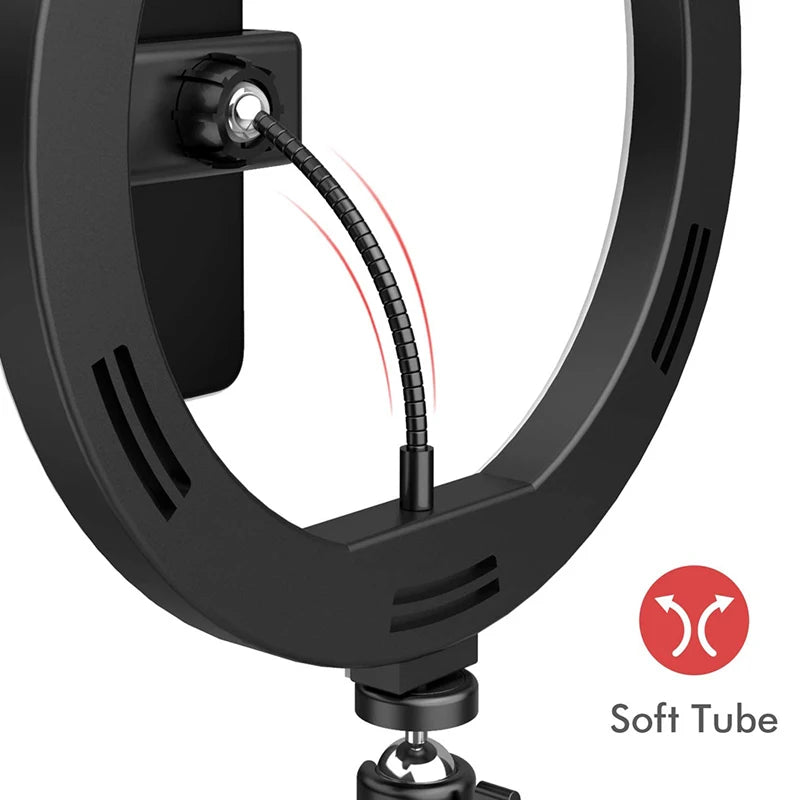 Black ring light with a flexible metal soft tube connector for adjustable phone holder positioning.
