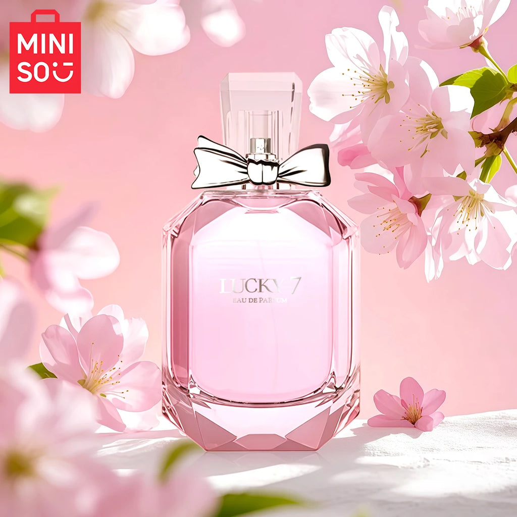 MINISO Lucky 7 Goddess EDP: Floral women’s fragrance in a luxury hexagonal pink glass bottle with silver bow cap.
