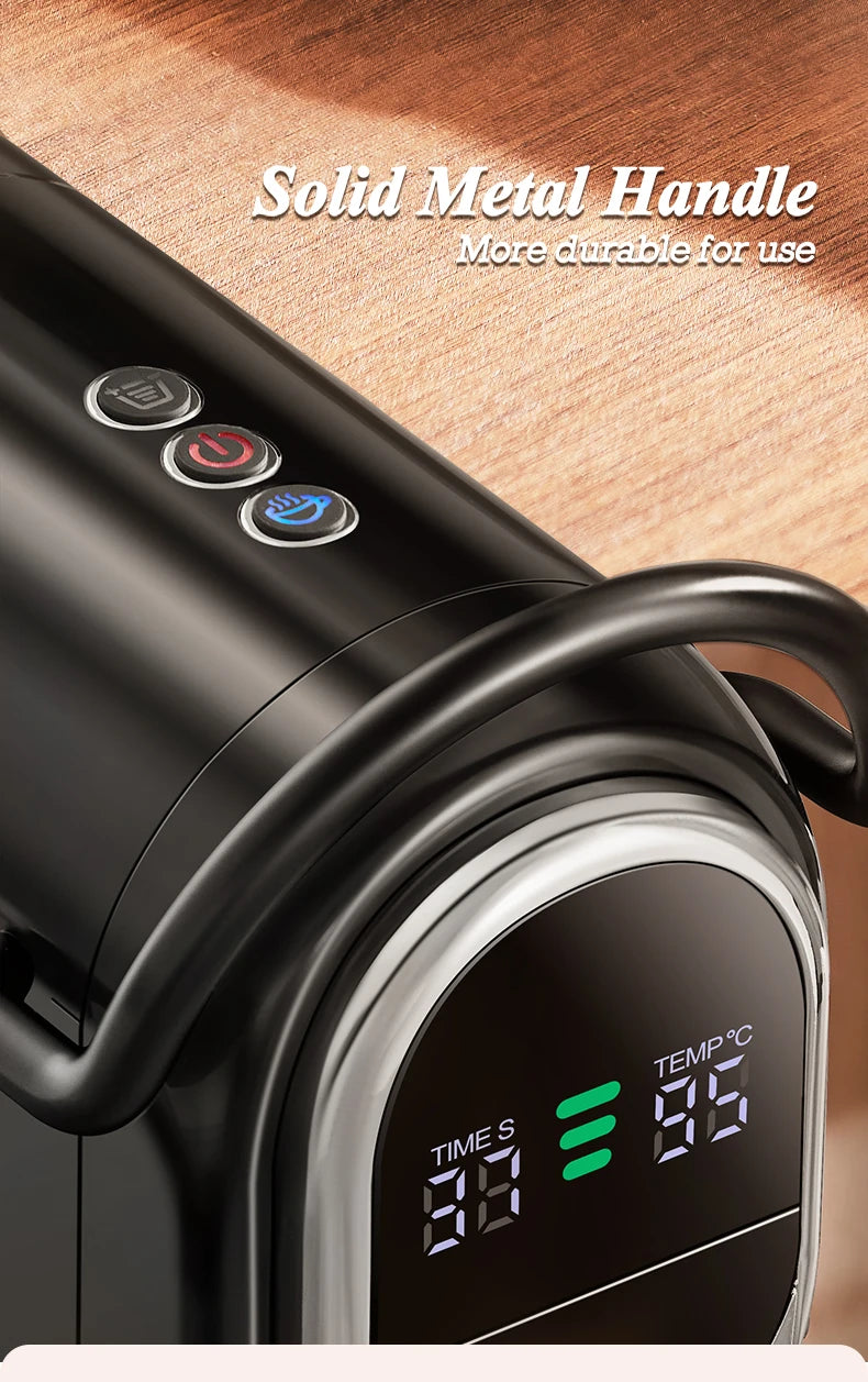 Black electric coffee maker with digital LED display, temperature control, and durable metal handle on wooden table.