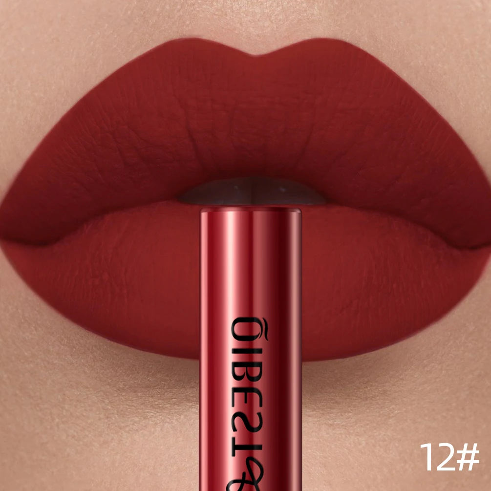 QIBEST long-lasting red matte liquid lipstick, velvet texture lip makeup, nonstick finish on full lips, shade 12.